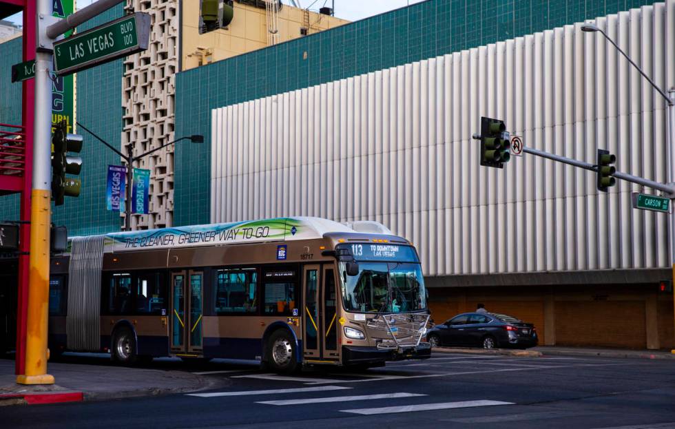 A Route 113 Regional Transportation Commission bus drives along Las Vegas Boulevard en route to ...