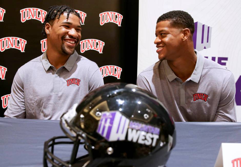 UNLV quarterback Armani Rogers, left, and linebacker Javin White talk to reporters during Mount ...