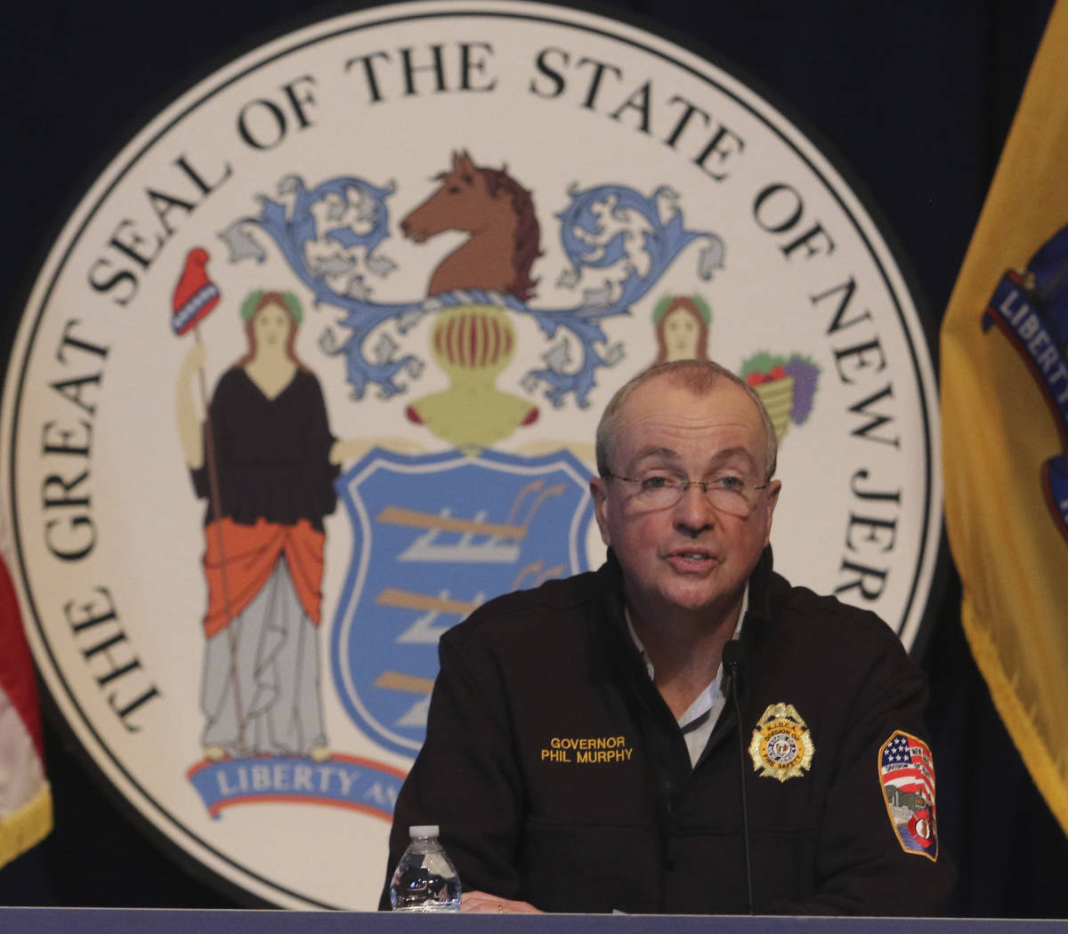 Gov. Phil Murphy speaks during his daily press briefing at the the War Memorial in Trenton, N.J ...