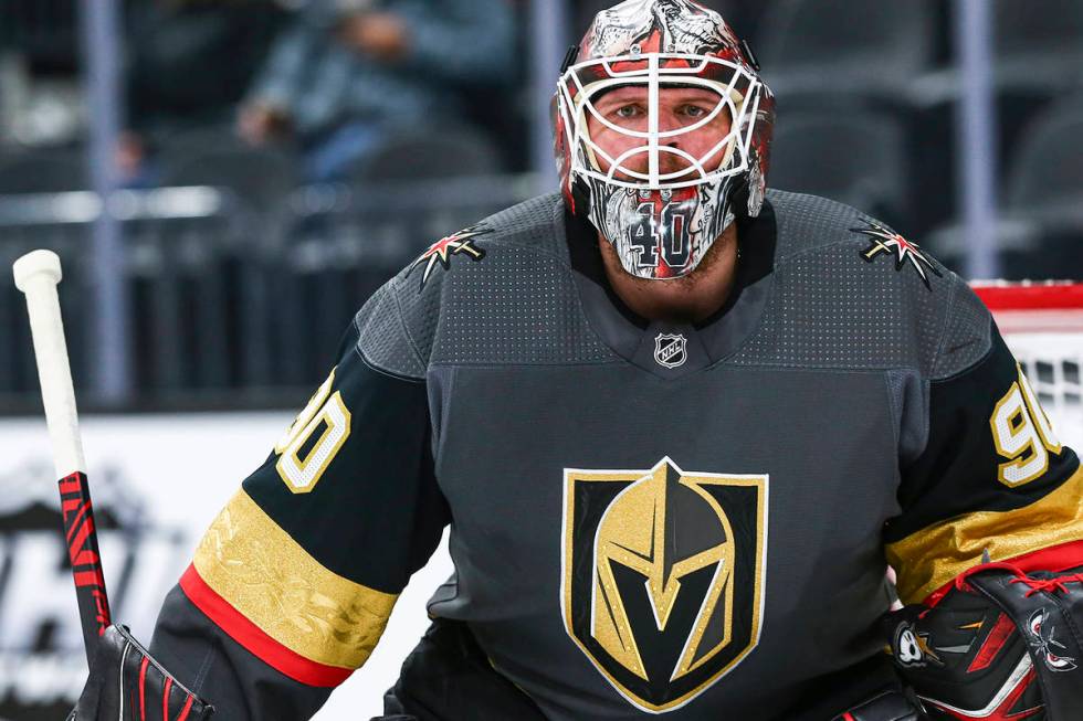 Golden Knights goaltender Robin Lehner (90) before the start of the second period of an NHL hoc ...