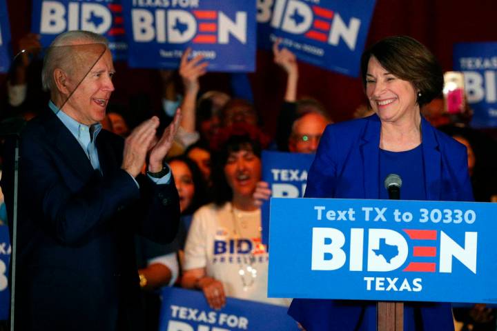 FILE - In this March 2, 2020 file photo, Sen. Amy Klobuchar, D-Minn., endorses Democratic presi ...