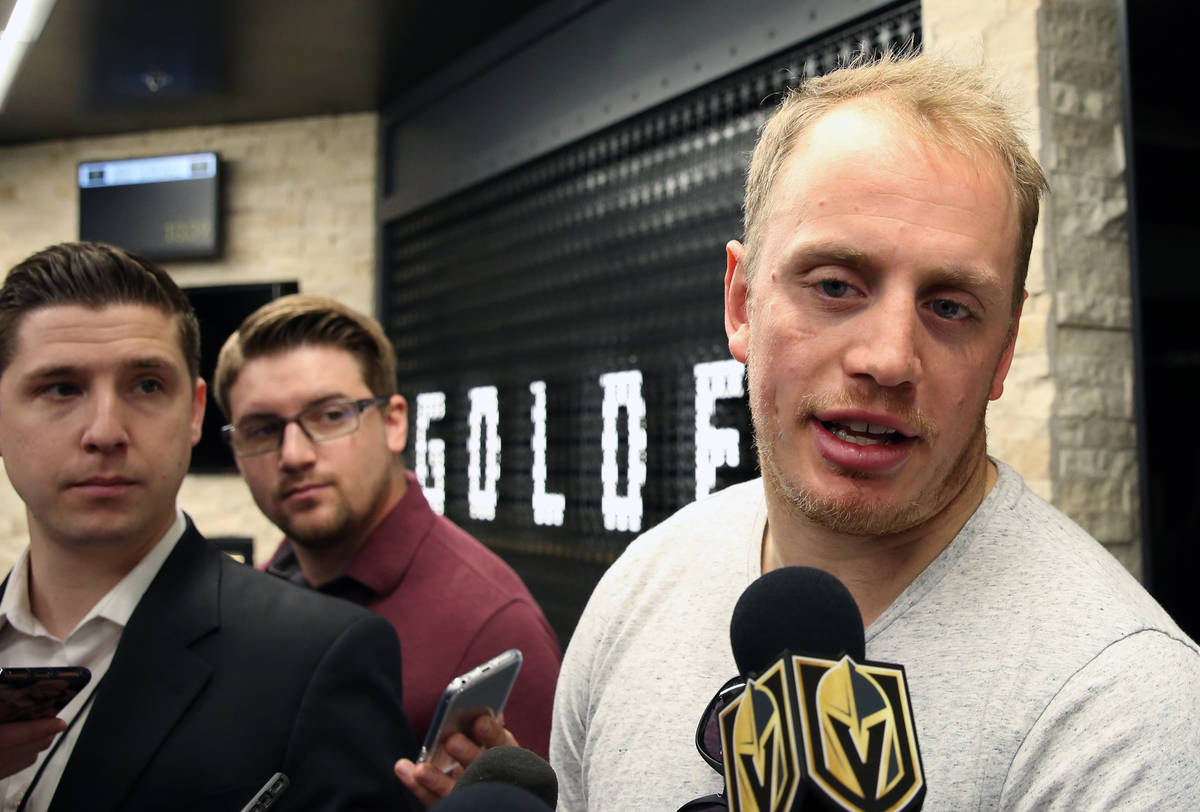 Golden Knights defenseman Nate Schmidt addresses the media at City National Arena on Thursday, ...