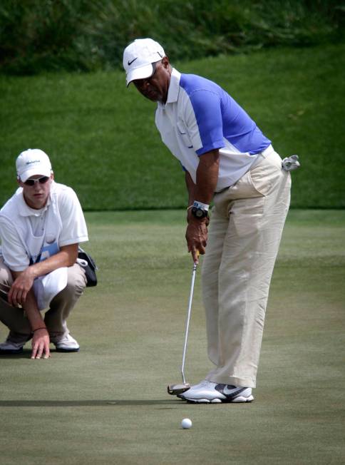 Ozzie Smith putts at the the Michael Jordan Celebrity Invitational at Shadow Creek Golf Course ...