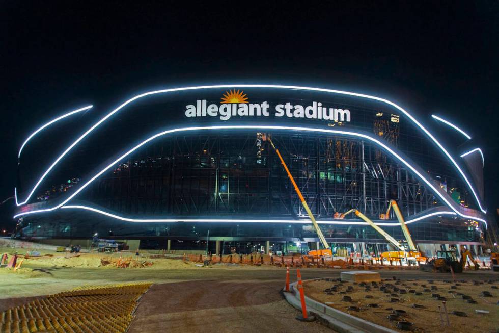 The exterior lights are turned on at Allegiant Stadium on Tuesday, April 21, 2020, in Las Vegas ...