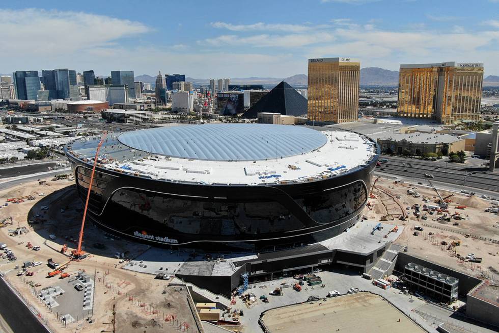 Aerial view of Allegiant Stadium with completed roof panel installation on Friday, April 17, 20 ...