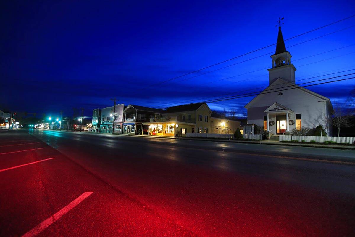 The First Baptist Church and small shops remain closed during the coronavirus pandemic, Sunday, ...