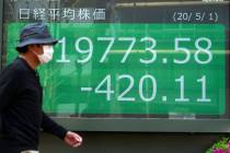 A man walks past an electronic stock board showing Japan's Nikkei 225 index at a securities fir ...