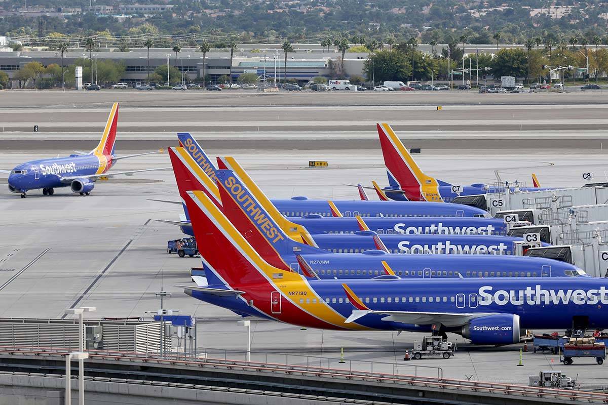 A Southwest Airlines plane taxis at McCarran International Airport in Las Vegas Thursday, Oct. ...