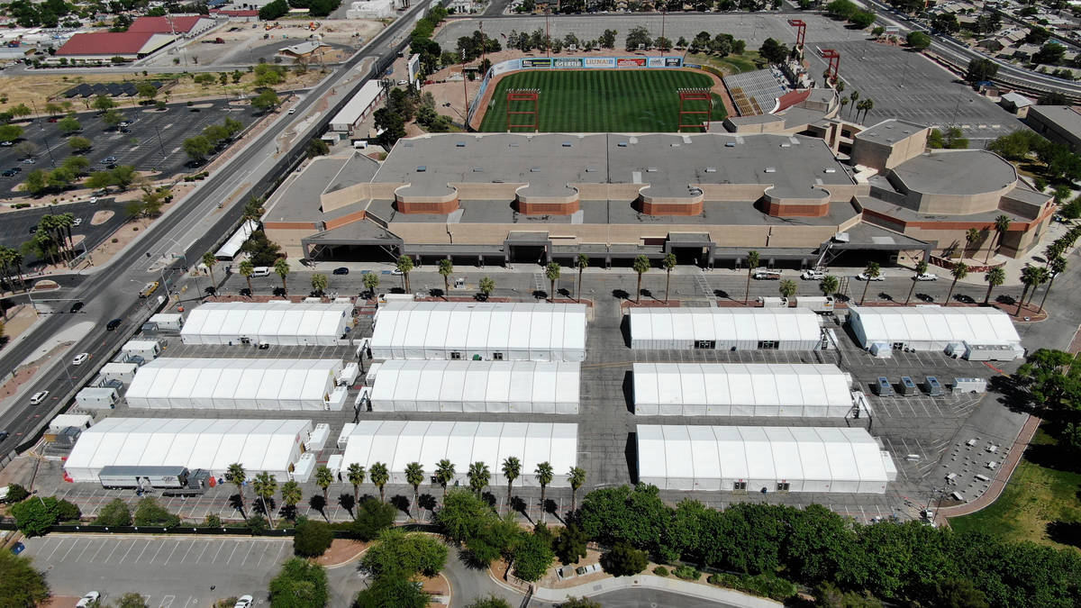 An aerial view of construction of the Cashman Isolation-Quarantine Complex in Las Vegas on Tues ...