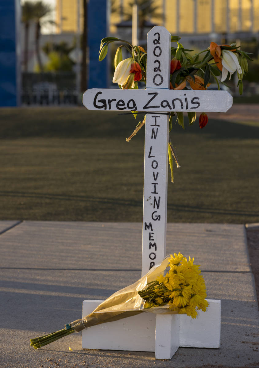 White crosses for Greg Zanis at the "Welcome to Fabulous Las Vegas" sign on Monday, M ...