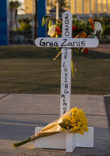 White crosses for Greg Zanis at the "Welcome to Fabulous Las Vegas" sign on Monday, M ...