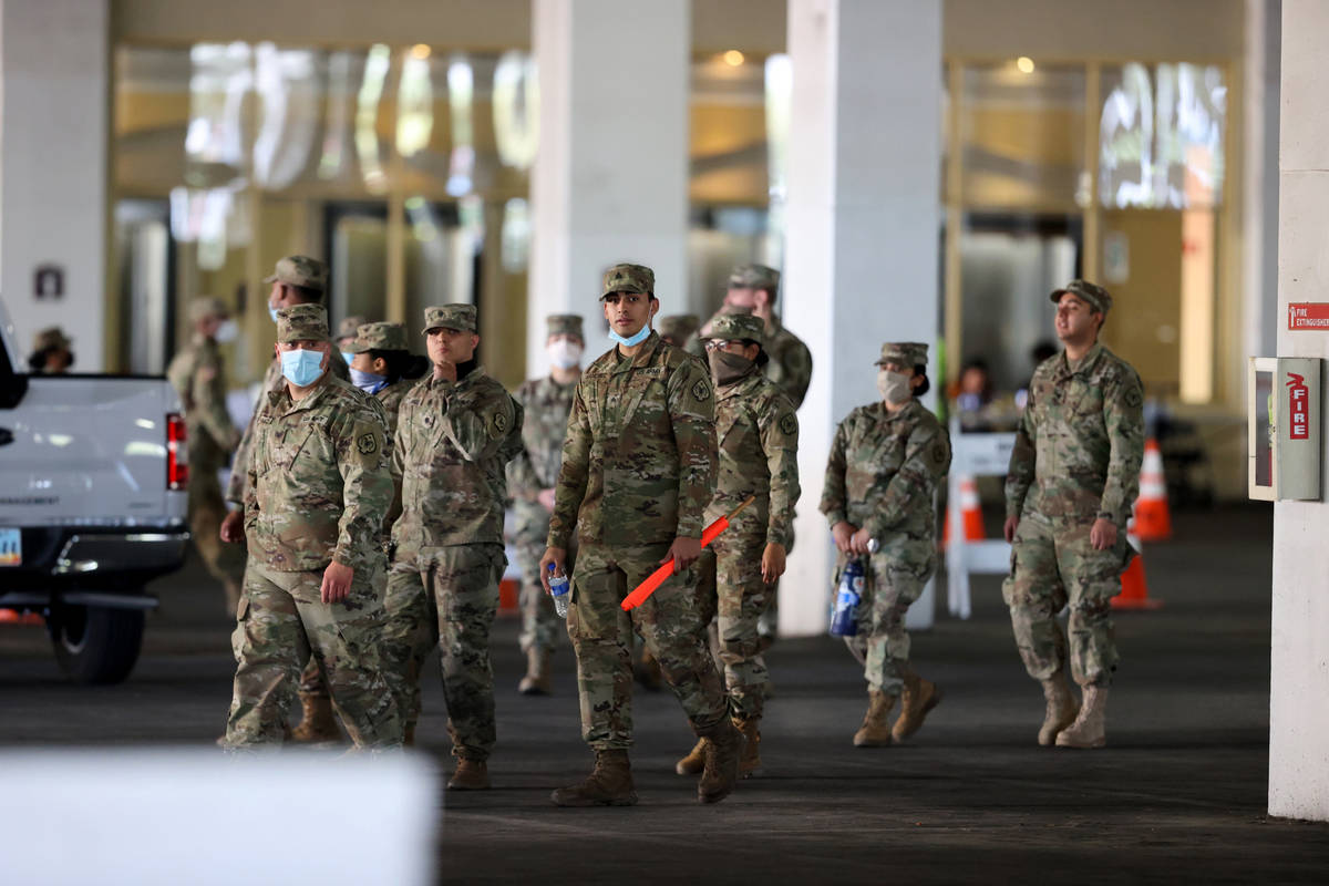 National Guard soldiers during a preview of a Clark County/University Medical Center drive-thru ...