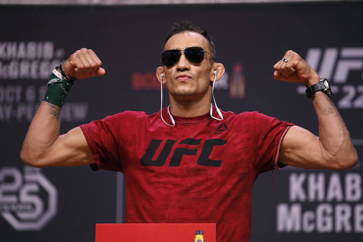 In this Oct. 5, 2018, file photo, Tony Ferguson poses during a ceremonial weigh-in for a UFC 22 ...