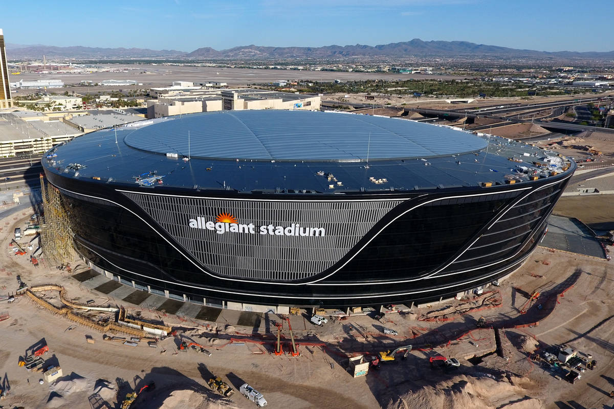 Aerial view of Allegiant Stadium with completed roof panel installation on Friday, April 24, 20 ...