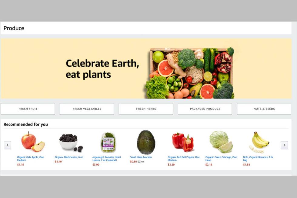 Screenshot taken Wednesday, May 6, 2020 of Amazon.com's online shopping website for produce.