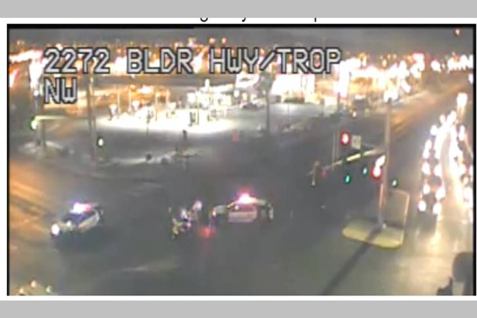 Police investigate a traffic accident Wednesday, May 6, 2020, at the intersection of Tropicana ...