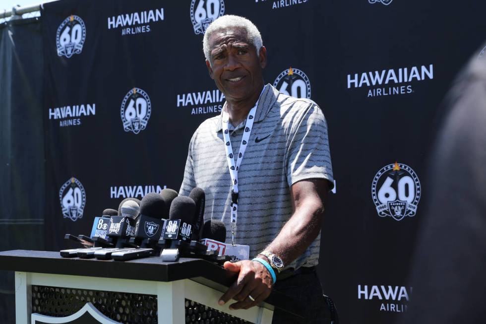 Former Raiders cornerback Mike Haynes meets with media during the NFL team's training camp in N ...