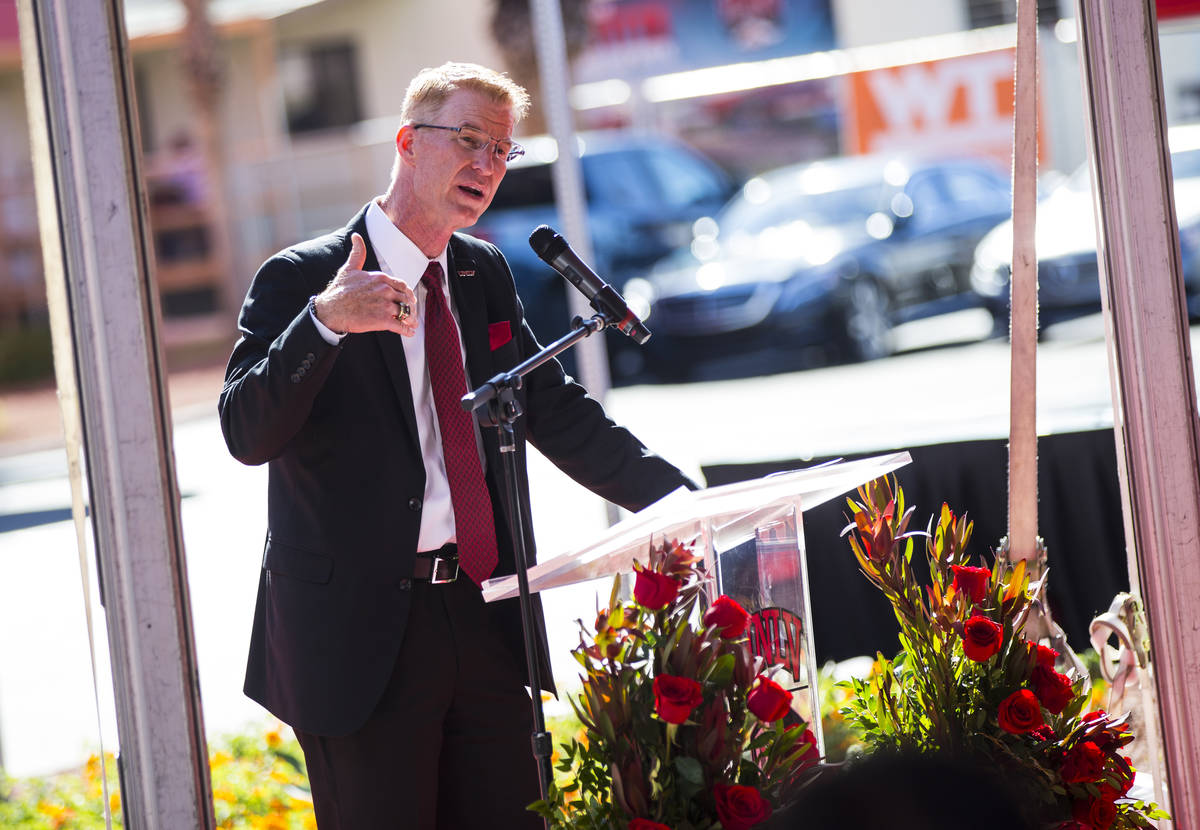 Steve Stallworth speaks during a ribbon cutting ceremony for the Fertitta Football Complex at U ...