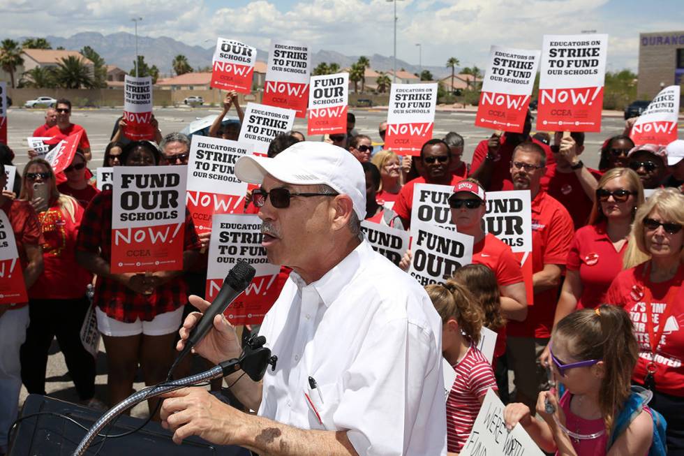 John Vellardita, the Clark County Education Association executive director, speaks as members a ...