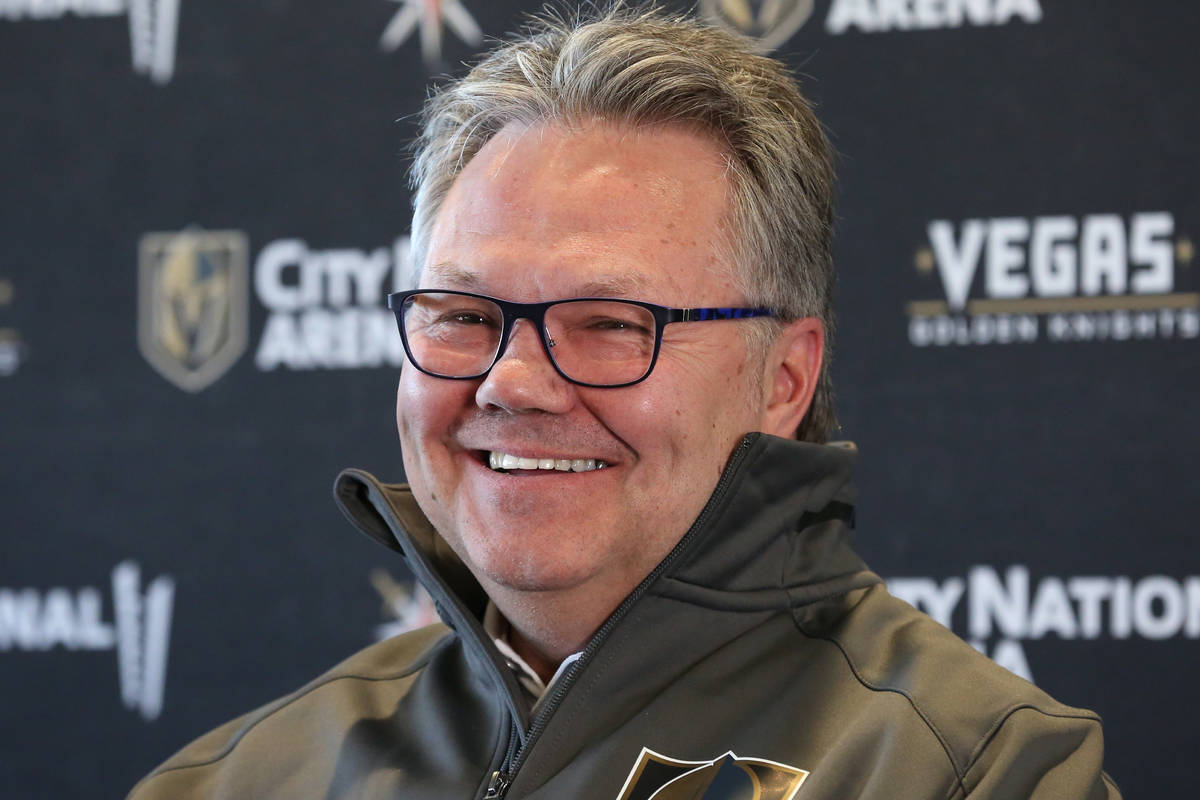Golden Knights new General Manager, Kelly McCrimmon, smiles as he speaks during a press confere ...
