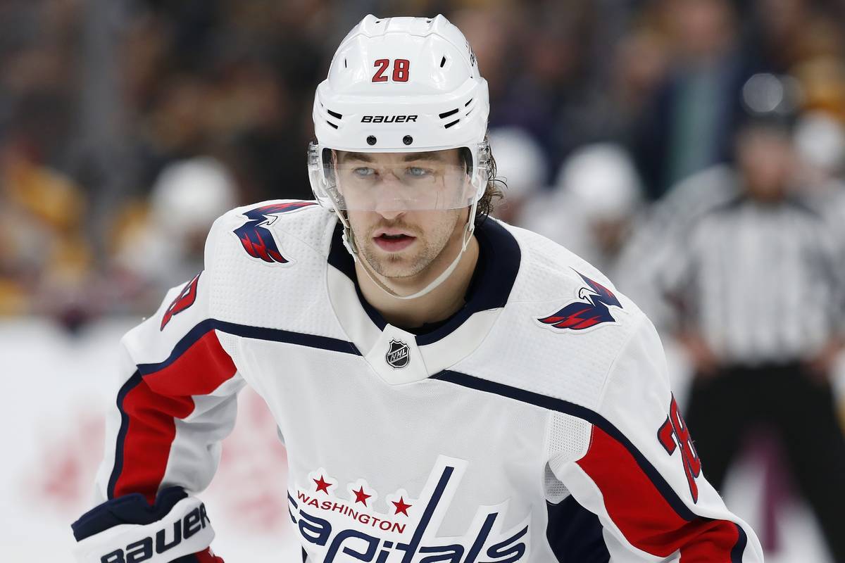 Washington Capitals' Brendan Leipsic plays against the Boston Bruins during an NHL hockey game ...