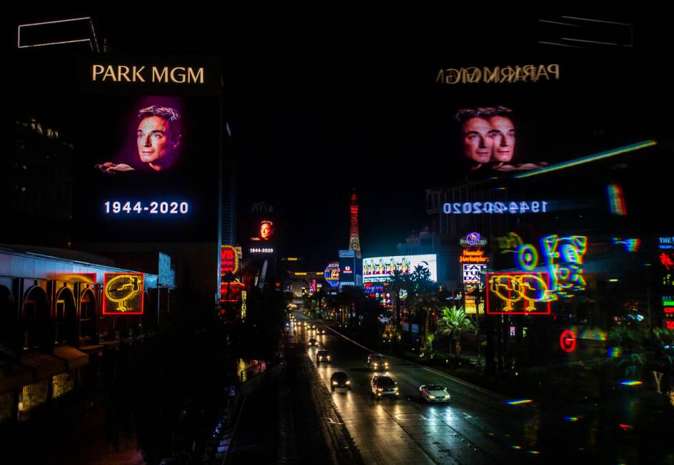 Tributes to Roy Horn, of Siegfried & Roy, are displayed along The Strip on Friday, May 8, 2020, ...