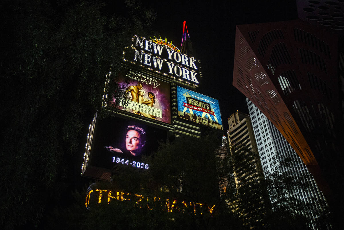 Tributes to Roy Horn, of Siegfried & Roy, are displayed along The Strip on Friday, May 8, 2020, ...