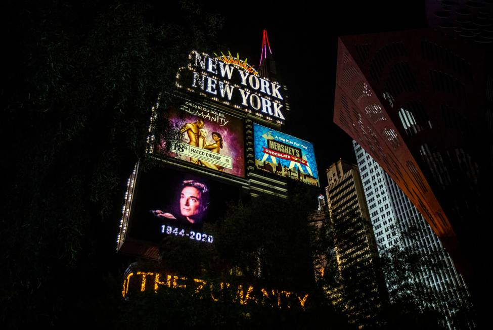 Tributes to Roy Horn, of Siegfried & Roy, are displayed along The Strip on Friday, May 8, 2020, ...