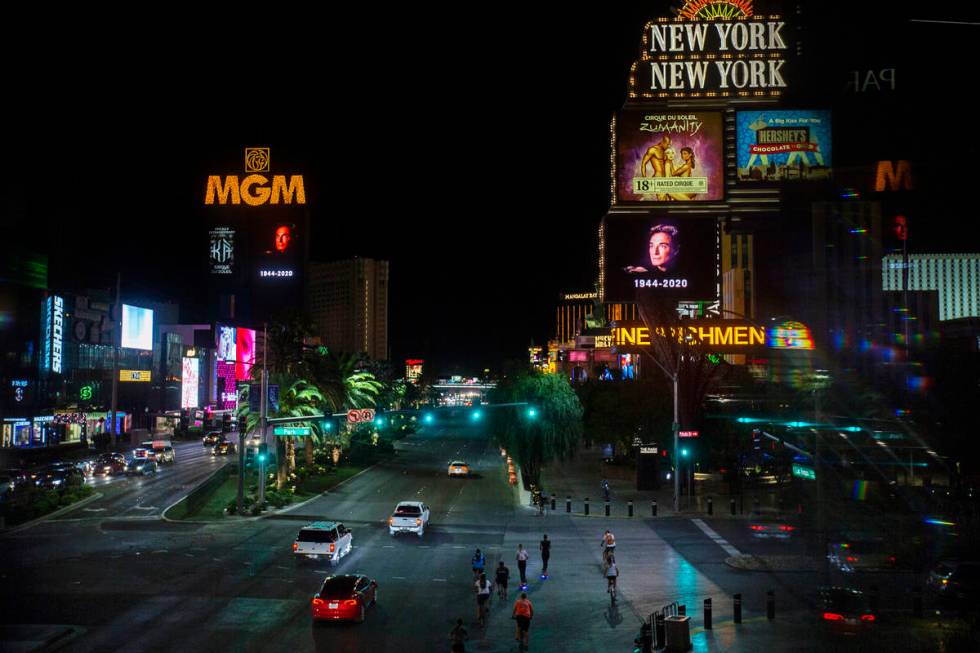 Tributes to Roy Horn, of Siegfried & Roy, are displayed along The Strip on Friday, May 8, 2020, ...