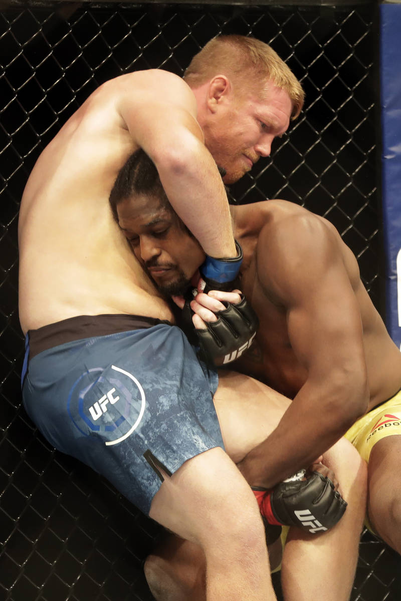 Sam Alvey, left, fights Ryan Spann during a UFC 249 mixed martial arts bout, Saturday, May 9, 2 ...