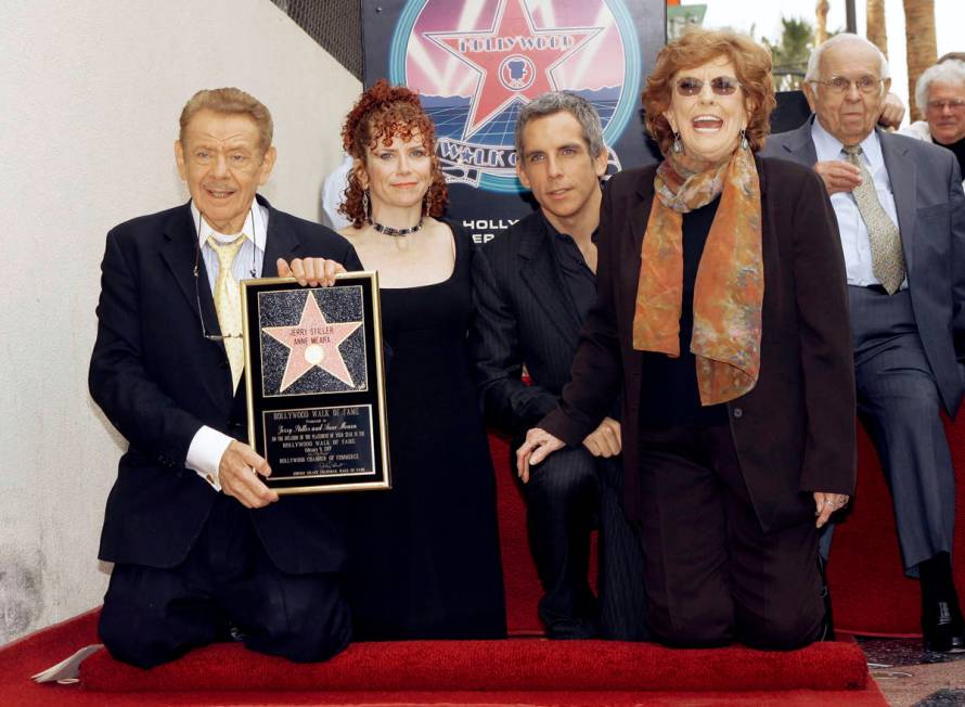 FILE - In this Feb. 9, 2007, file photo, actors Jerry Stiller, far left, and Anne Meara, second ...