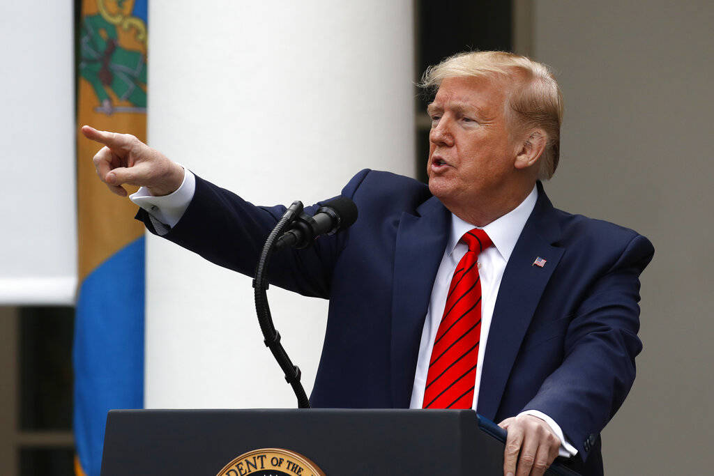 President Donald Trump speaks about the coronavirus during a press briefing in the Rose Garden ...