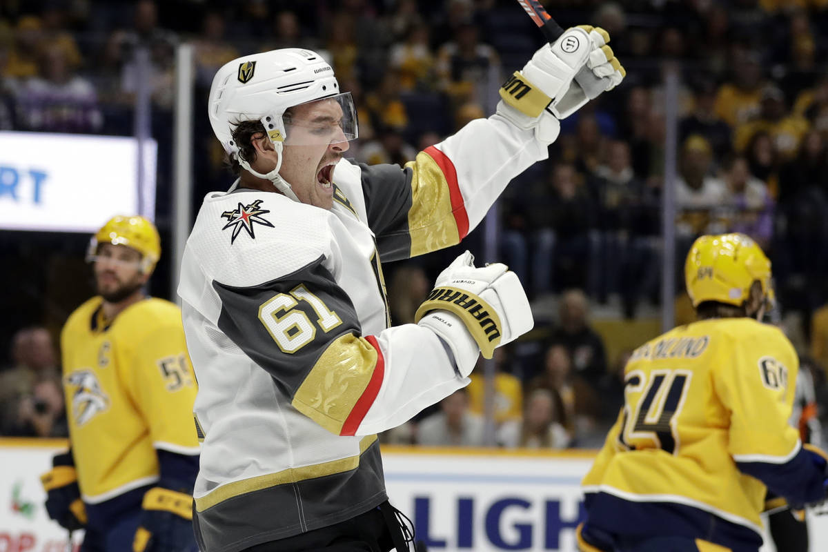 Vegas Golden Knights right wing Mark Stone (61) celebrates after scoring a goal against the Nas ...