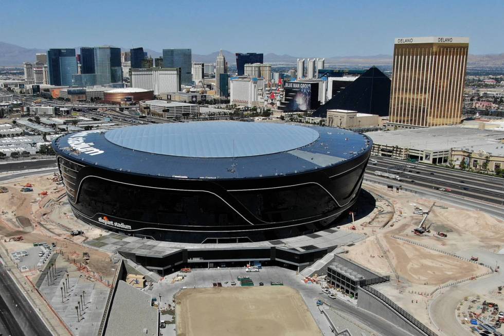 Aerial view of Allegiant Stadium with field tray on Friday, May 8, 2020. (Michael Quine/Las Veg ...