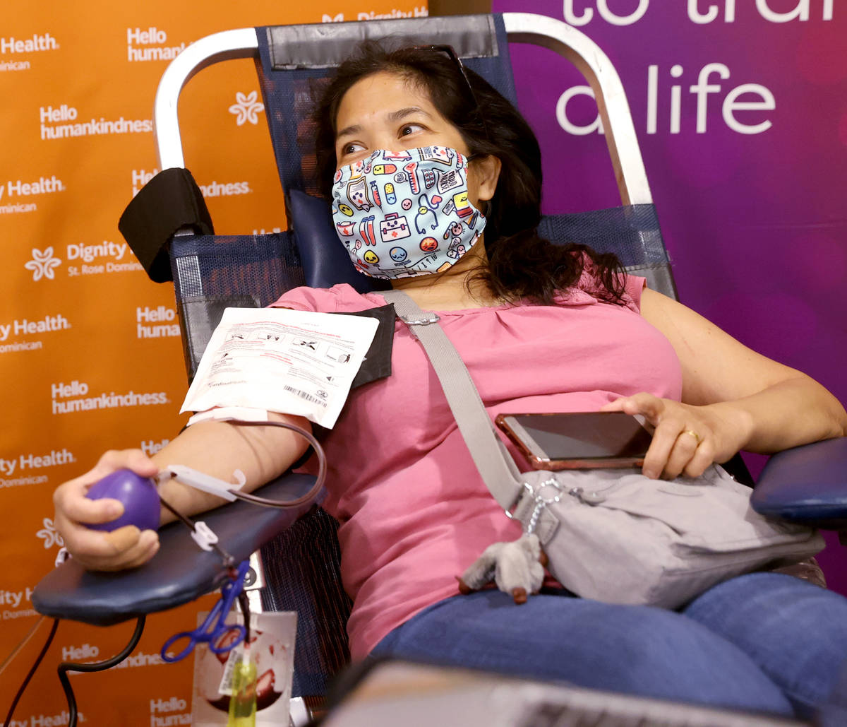 Lorena Guardian, 52, of Las Vegas donates plasma at St. Rose Dominican Hospital, Siena campus i ...