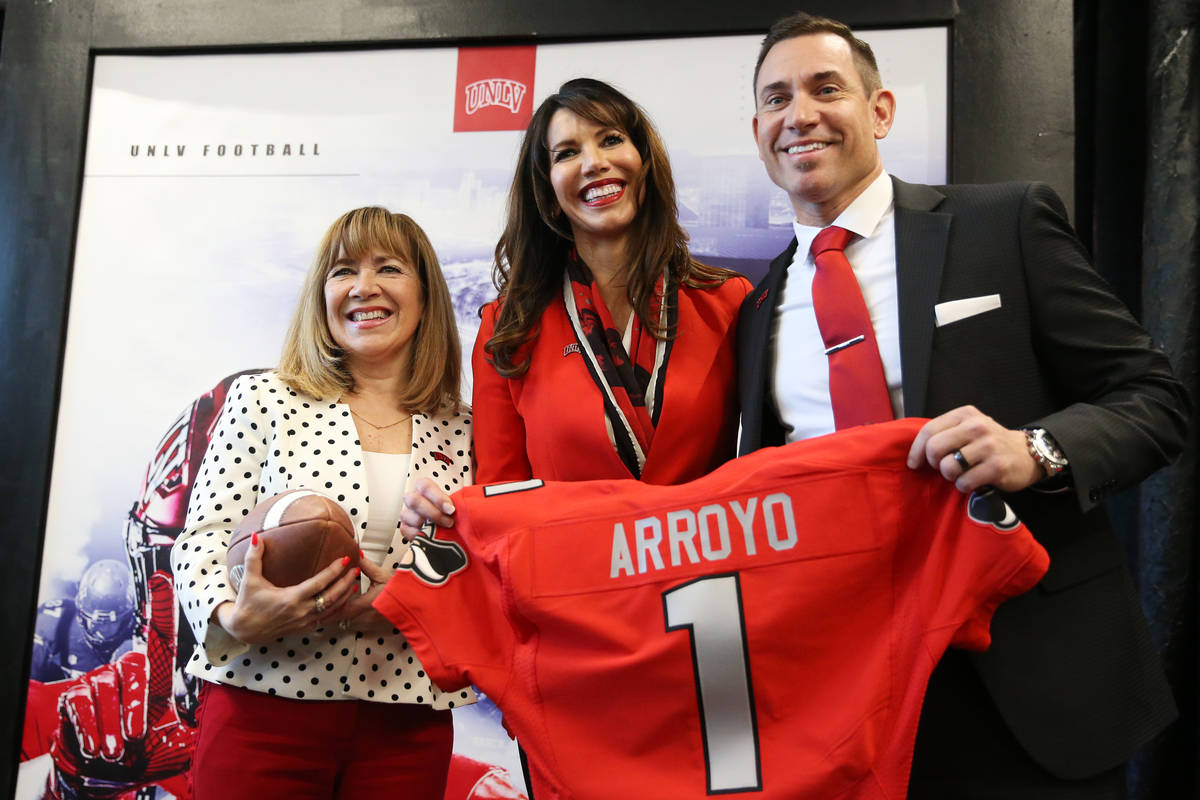 UNLV's President Marta Meana, from left, Athletic Director Desiree Reed-Francois, and new Footb ...