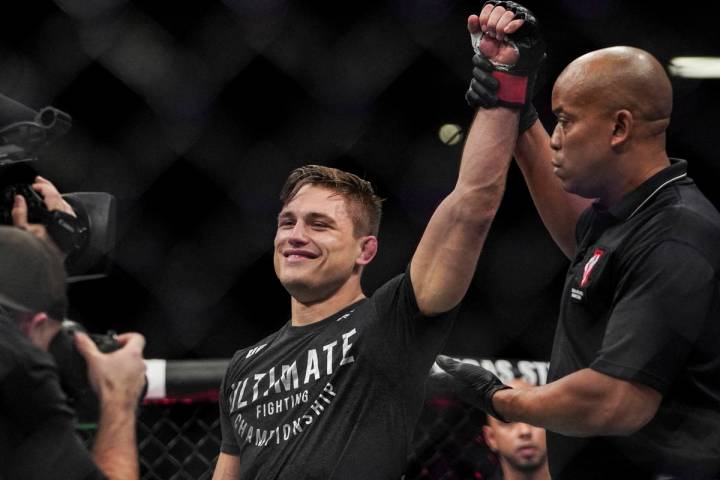 Drew Dober celebrates after his win over Nasrat Haqparast at T Mobile Arena in Las Vegas, NV, U ...