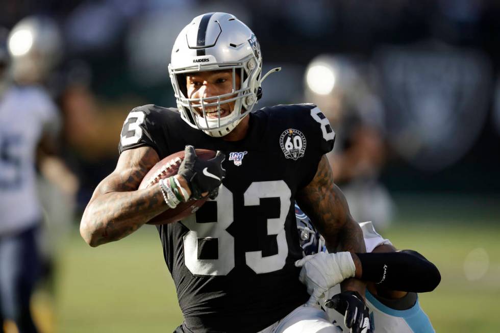 Oakland Raiders tight end Darren Waller (83) runs against the Tennessee Titans during the first ...