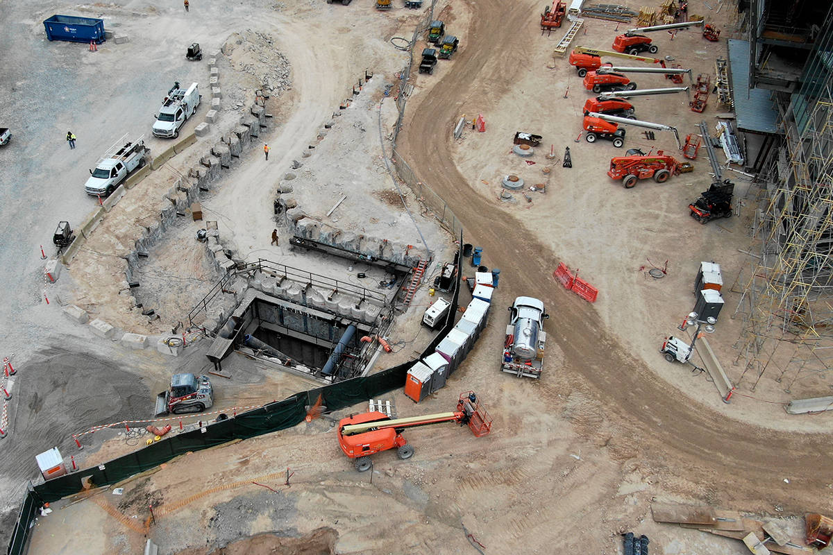 Aerial view of the west entrance to the People Mover at Las Vegas Convention Center expansion a ...