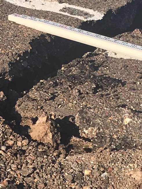 Cracks on U.S. 95 west of Tonopah caused by a 6.5-magnitude earthquake on Friday, May 15, 2020. ...