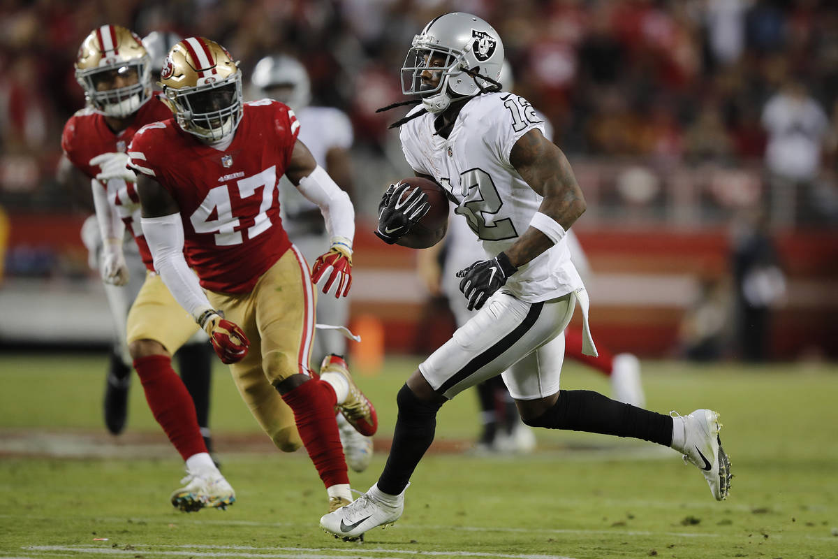 Oakland Raiders wide receiver Martavis Bryant (12) runs against San Francisco 49ers linebacker ...