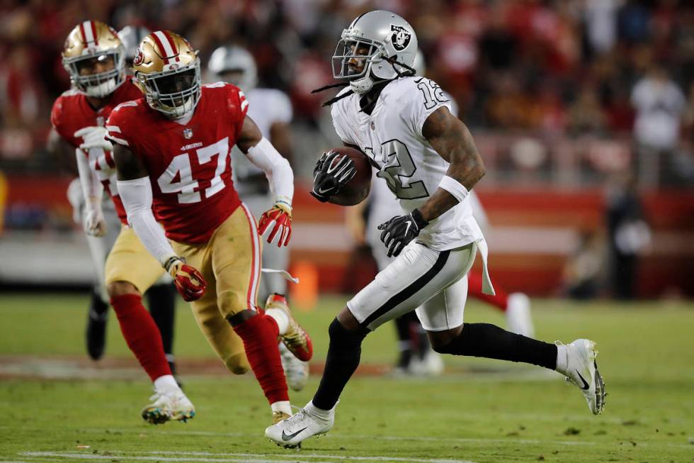 Oakland Raiders wide receiver Martavis Bryant (12) runs against San Francisco 49ers linebacker ...