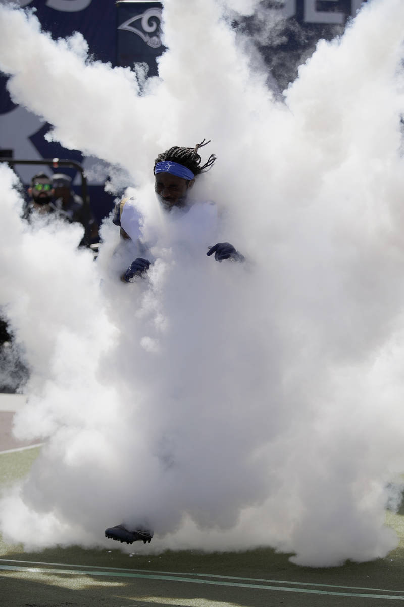 Los Angeles Rams inside linebacker Cory Littleton runs onto the field as he is introduced befor ...