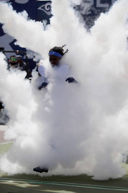 Los Angeles Rams inside linebacker Cory Littleton runs onto the field as he is introduced befor ...