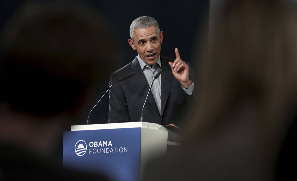 FILE - In this April 6, 2019, file photo former President Barack Obama gestures as he speaks du ...