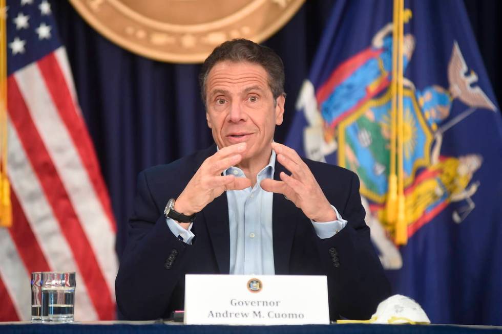 New York Gov. Andrew Cuomo briefs the media during a coronavirus news conference at his office ...