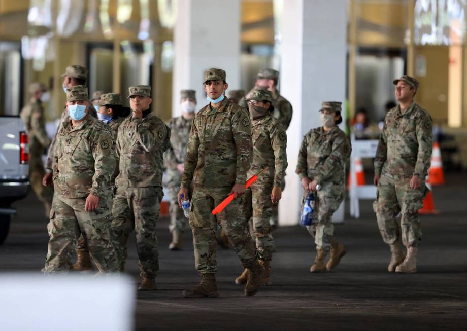 National Guard soldiers during a preview of a Clark County/University Medical Center drive-thru ...