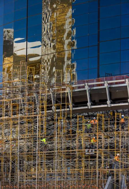 Crews at Allegiant Stadium begin to take down scaffolding on Tuesday, May 19, 2020, in Las Vega ...