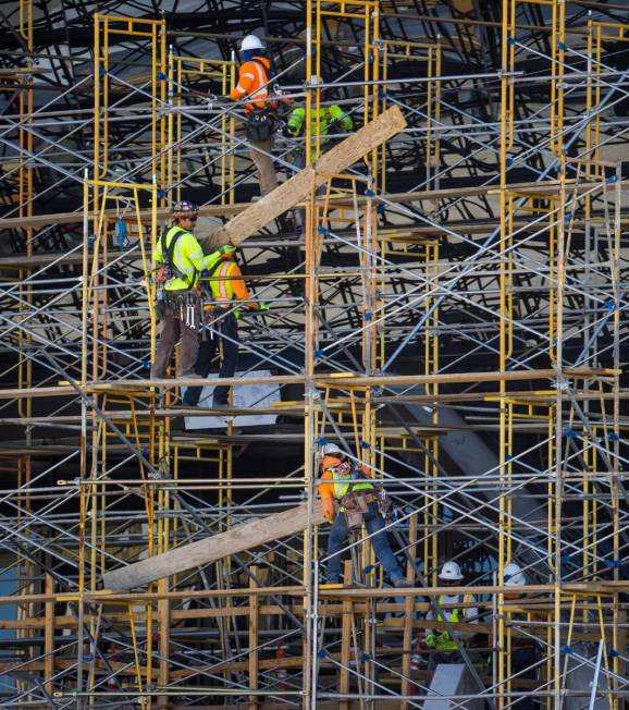 Crews at Allegiant Stadium begin to take down scaffolding on Tuesday, May 19, 2020, in Las Vega ...