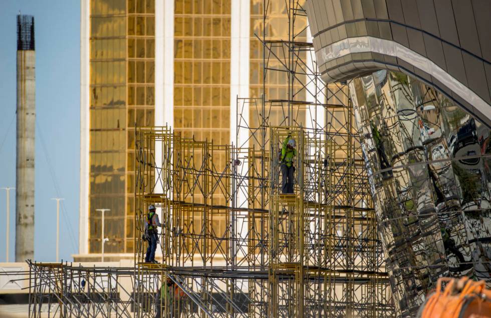 Crews at Allegiant Stadium begin to take down scaffolding on Tuesday, May 19, 2020, in Las Vega ...